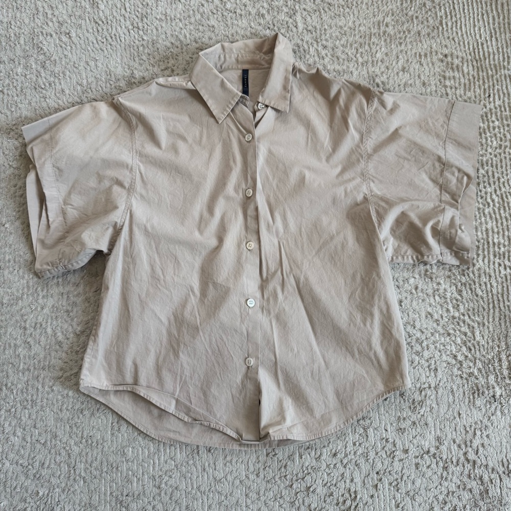 Theory Beige Short Sleeve Button-Up Shirt